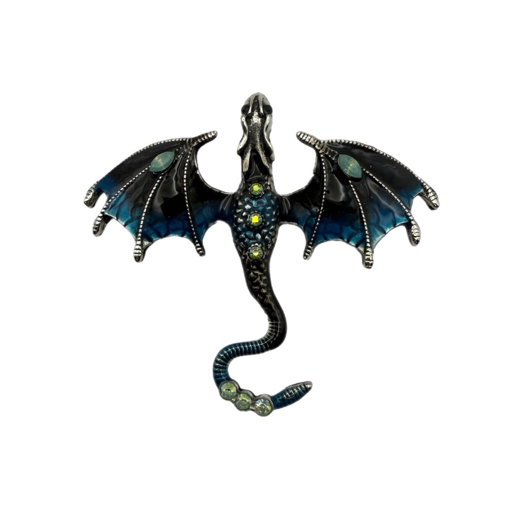 Blue‎ Black Enamel Dragon Brooch Rhinestone Mythical Gothic Pin Gunmetal Tone